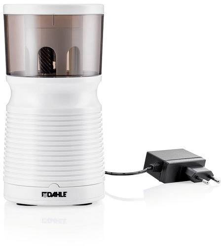 Un taille-crayon électrique blanc avec un couvercle transparent et un câble secteur connecté, adapté pour les crayons.