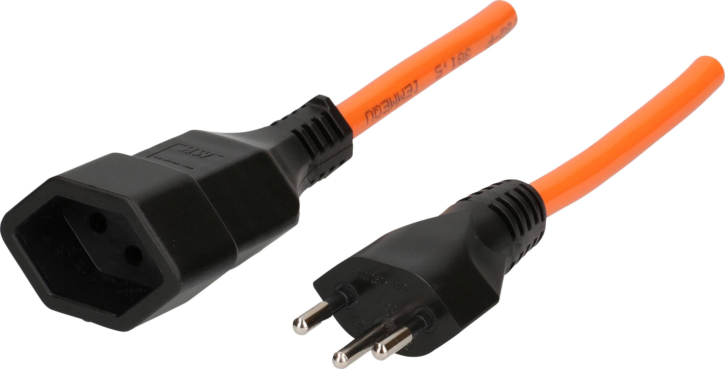 Câble électrique orange avec une fiche secteur noire d'un côté et une prise noire de l'autre, sur un fond blanc.