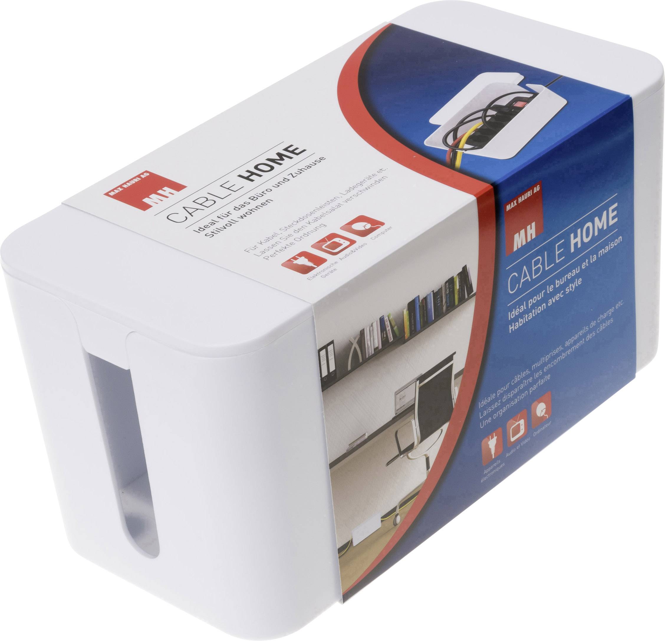 Boîte de rangement pour câbles avec logo et photo d'un bureau. Le texte explique comment organiser les câbles dans les bureaux à domicile et les appareils électroniques.