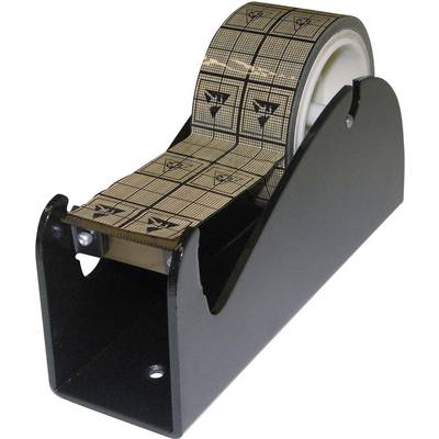 Dévidoir de ruban adhésif noir et or avec un rouleau de ruban installé sur une surface lisse, prêt à être utilisé au bureau ou à la maison.