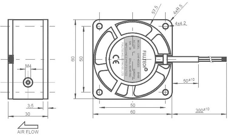 Dessin technique d'un ventilateur carré de dimensions 60x60 mm. Présente les trous de vis, les ailettes du ventilateur et le câble de connexion. La direction du flux d'air est indiquée.