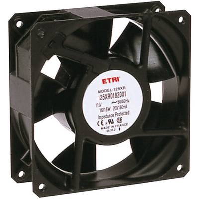 Un ventilateur noir avec un cadre carré et une étiquette blanche au centre, sur laquelle figurent des spécifications techniques.