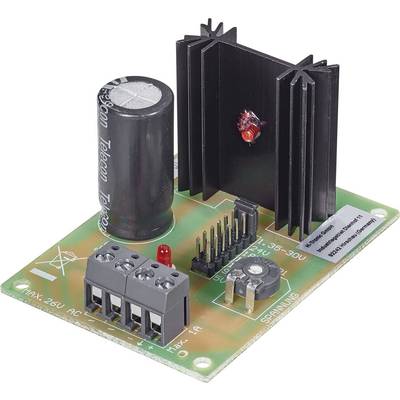 Une carte de circuit imprimé verte avec un dissipateur thermique, un condensateur et des broches. Inscription : 'Tension 1-35V, Max : 1A'. Composant électronique.