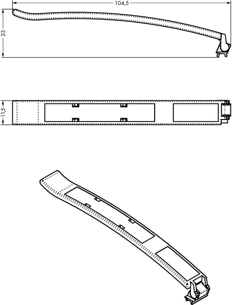Dessin technique d'une poutre incurvée, en haut avec les dimensions 104,5 cm de longueur, 23 cm de largeur, 11,5 cm de hauteur. Vue latérale et vue de face.