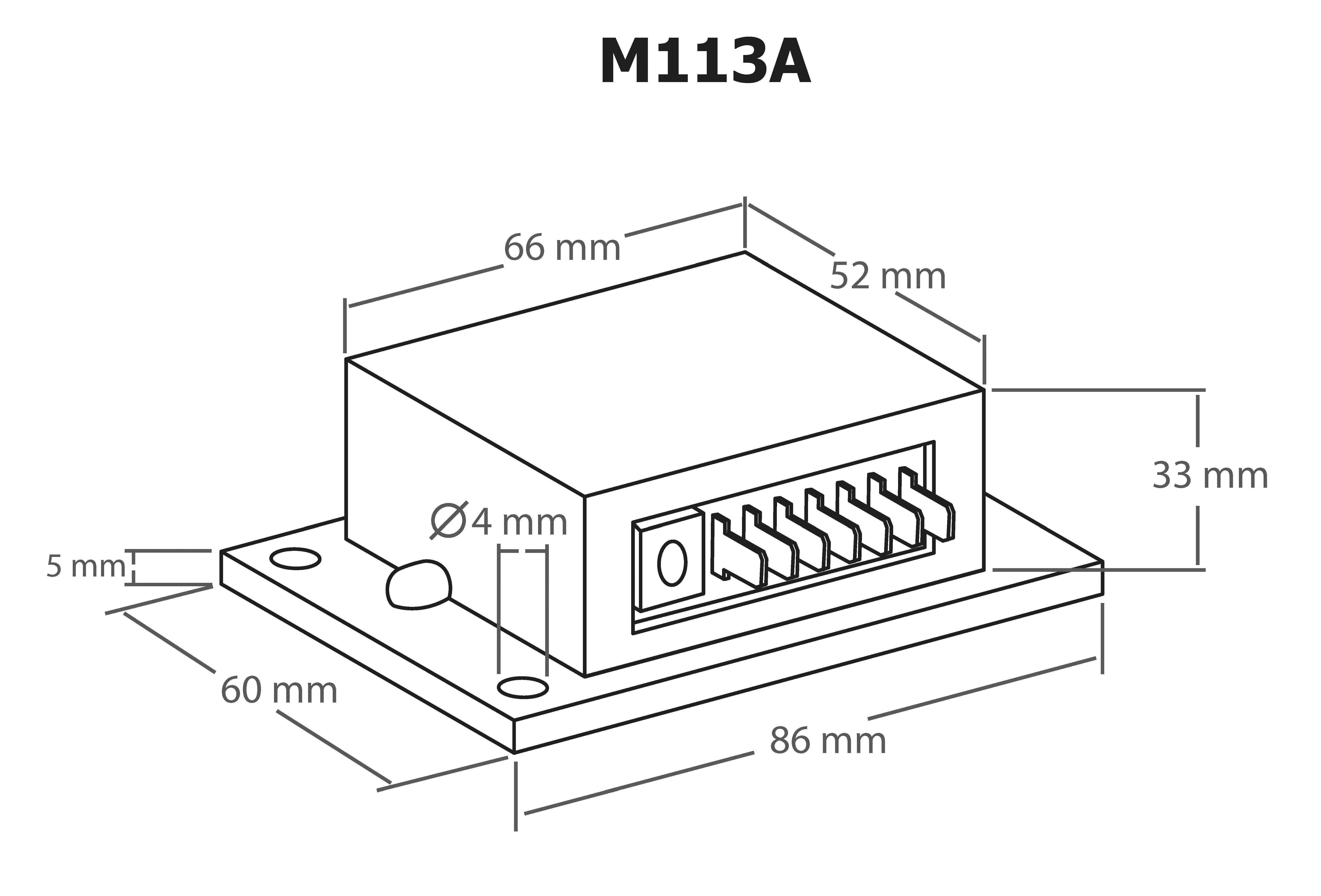 Dessin technique d'un composant rectangulaire de type boîte avec des unités de mesure : 86 mm de longueur, 60 mm de largeur, 33 mm de hauteur. Les marquages indiquent les connexions et les perçages.