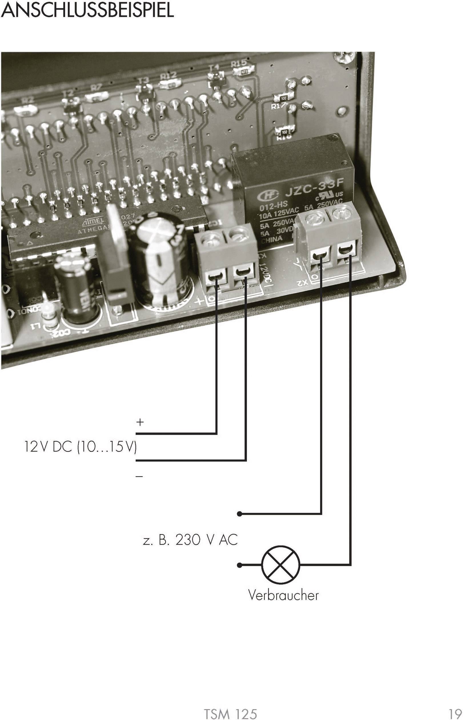 'Exemple de connexion' : Montage avec entrée 12V CC et sortie 230V CA, illustré avec des composants et un consommateur.