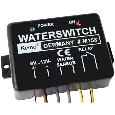 Interrupteur détecteur d'eau avec inscription 'WATERSWITCH', voyants de fonctionnement et fils de connexion. Tension de service : 9V-12V.