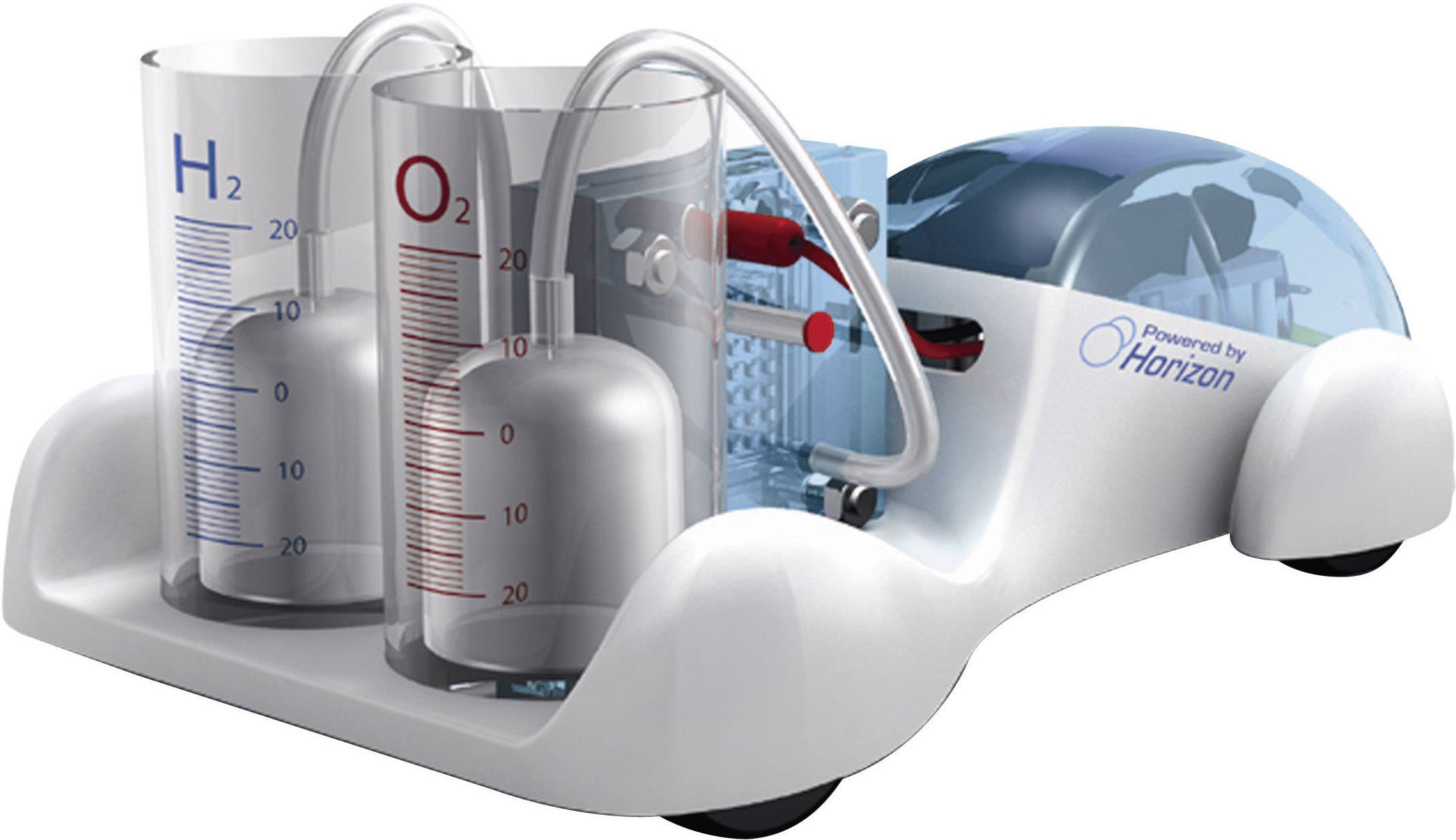 Un petit véhicule modèle utilisant la technologie des piles à combustible à hydrogène. Deux cylindres de mesure indiquent les niveaux d'hydrogène et d'oxygène.