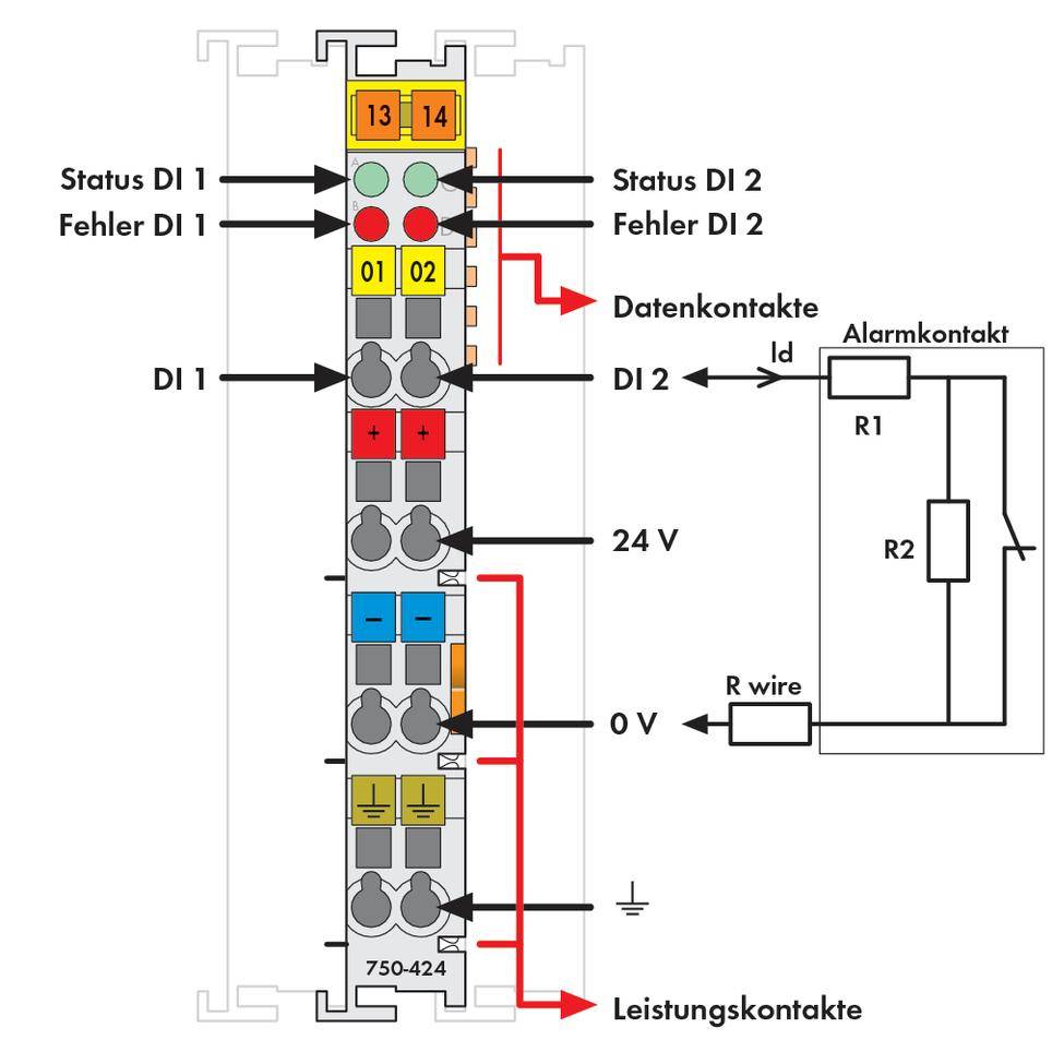 Diagramme d'un interrupteur avec des numéros 13 à 14, montrant les contacts de données et de puissance, les indicateurs de défaut et le schéma d'alarme.