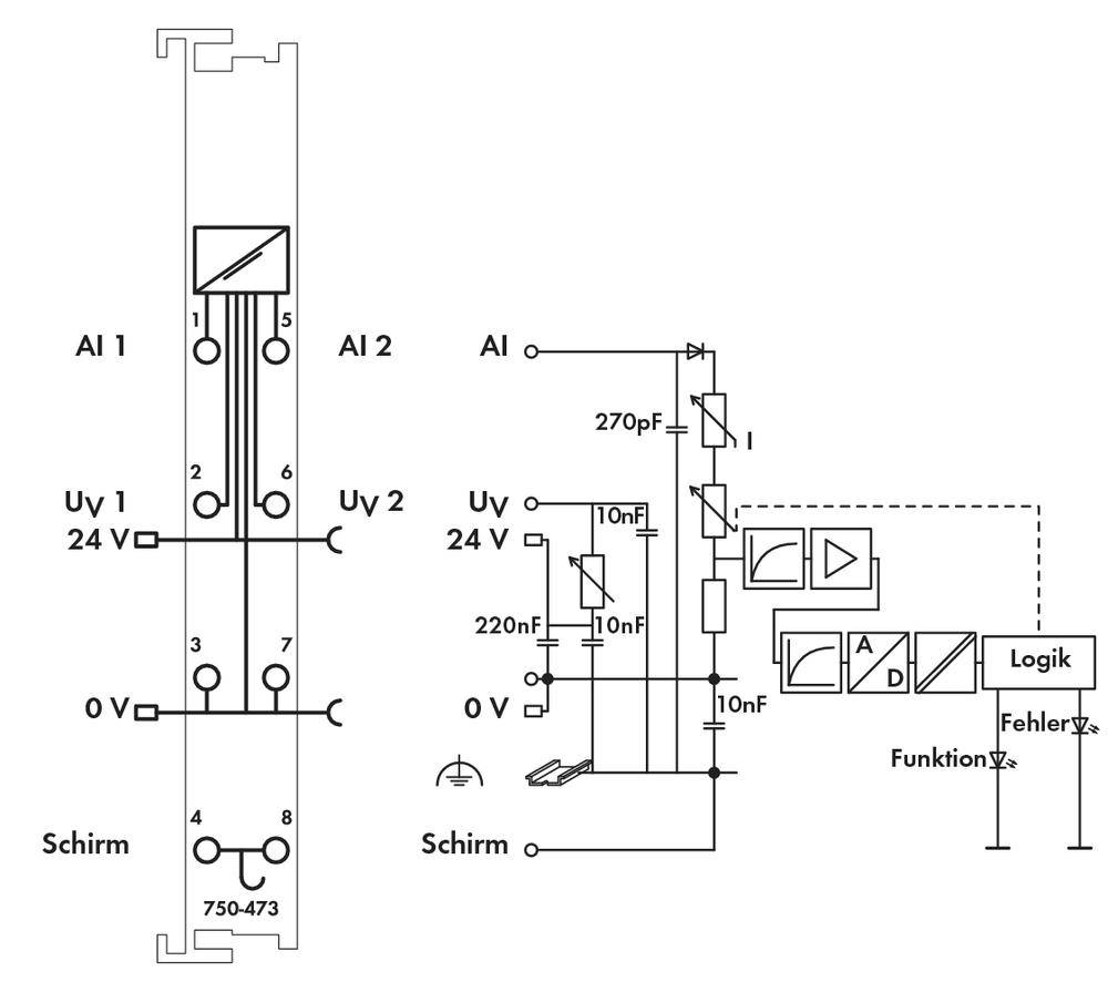 Schéma de circuit d'un système électrique avec bornes, condensateurs et module logique. Uv 1 et Uv 2 24 V, connexions principales marquées.