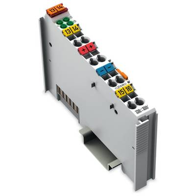 Une borne électronique grise avec plusieurs bornes numérotées et des boutons colorés, adaptée aux applications de coffrets électriques.