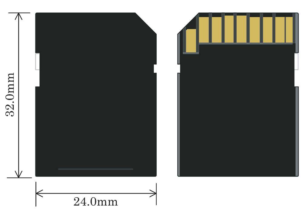 Illustrations de la carte SD, montrant le recto et le verso, avec les dimensions : 32,0 mm de hauteur et 24,0 mm de largeur. Contacts visibles.