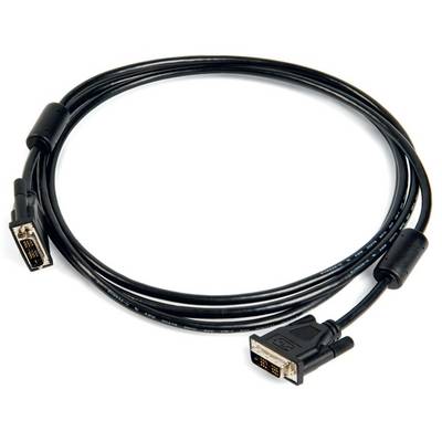 Câble DVI noir à deux connecteurs, adapté pour la connexion de moniteurs à des ordinateurs, destiné à la transmission numérique d'images.