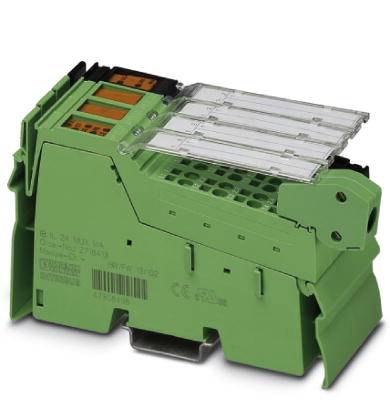 Composant électronique vert avec des bornes et des couvercles transparents, typique des systèmes de contrôle industriels.