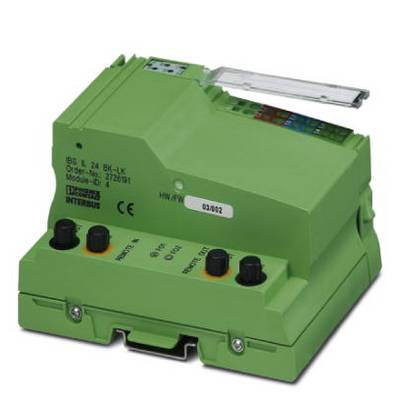 Module électronique dans un boîtier vert avec plusieurs connexions, informations sur le produit sur la face supérieure, adapté aux applications industrielles.