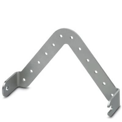 Équerre de fixation métallique en acier perforé, pliée en forme de L, utilisée pour la fixation ou la stabilisation de constructions.