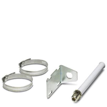 Deux colliers de serrage, un support métallique et une tige blanche à embout doré, probablement des pièces d'un kit de montage.