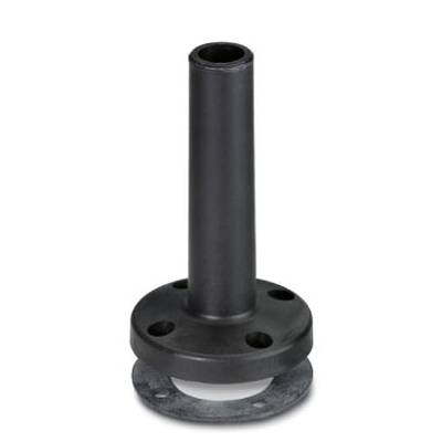 Un tube noir cylindrique avec bride et quatre perçages à la base. Adapté aux applications industrielles ou aux raccordements de tuyauterie.