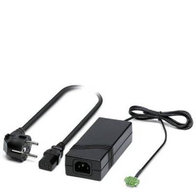 Un bloc d'alimentation noir avec une fiche européenne et une fiche d'appareil IEC, à côté d'un câble de connexion fin avec une fiche verte.
