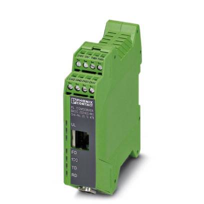 Un module de rail vert avec plusieurs connexions électriques et un port RJ45, utilisé pour la communication industrielle.