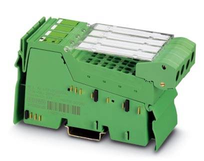 Un dispositif électronique vert doté de plusieurs emplacements et contacts, conçu pour être installé dans un armoire électrique.