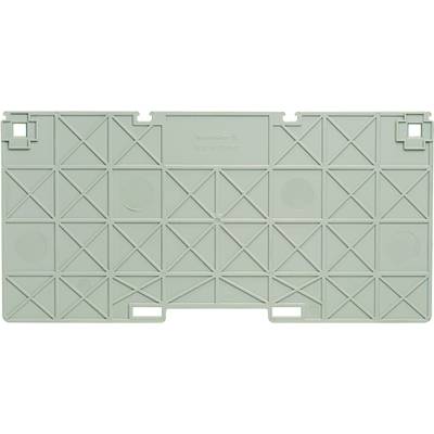 Plaque rectangulaire grise en plastique avec des coins fixables et un motif géométrique composé de triangles.