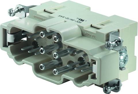 Une fiche électrique grise avec plusieurs broches métalliques et des fixations à vis, utilisée pour des applications industrielles.