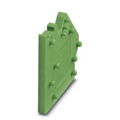 Bloc de plastique vert avec des tenons ronds saillants sur les côtés, probablement un élément d'un système d'emboîtement ou d'un jeu de construction.
