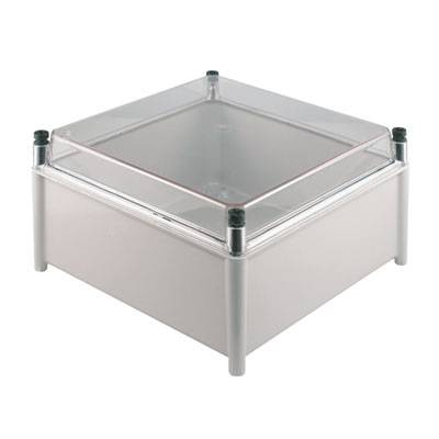 Boîte en plastique blanc avec couvercle transparent, adaptée aux applications électroniques. Forme carrée avec des coins saillants.