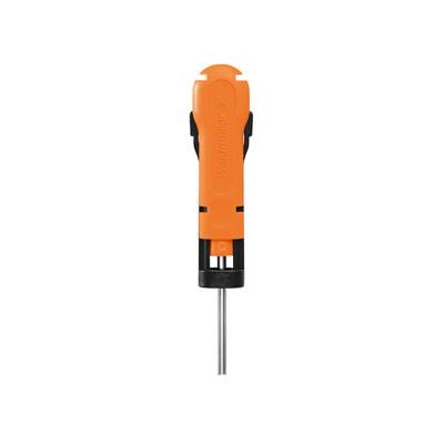 Un enfile-aiguille vertical en plastique orange de la marque Gütermann.
