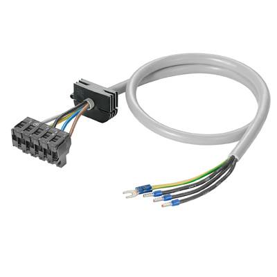 Un câble gris avec plusieurs fils multicolores et un connecteur noir à son extrémité, montre une solution de connexion électrique.