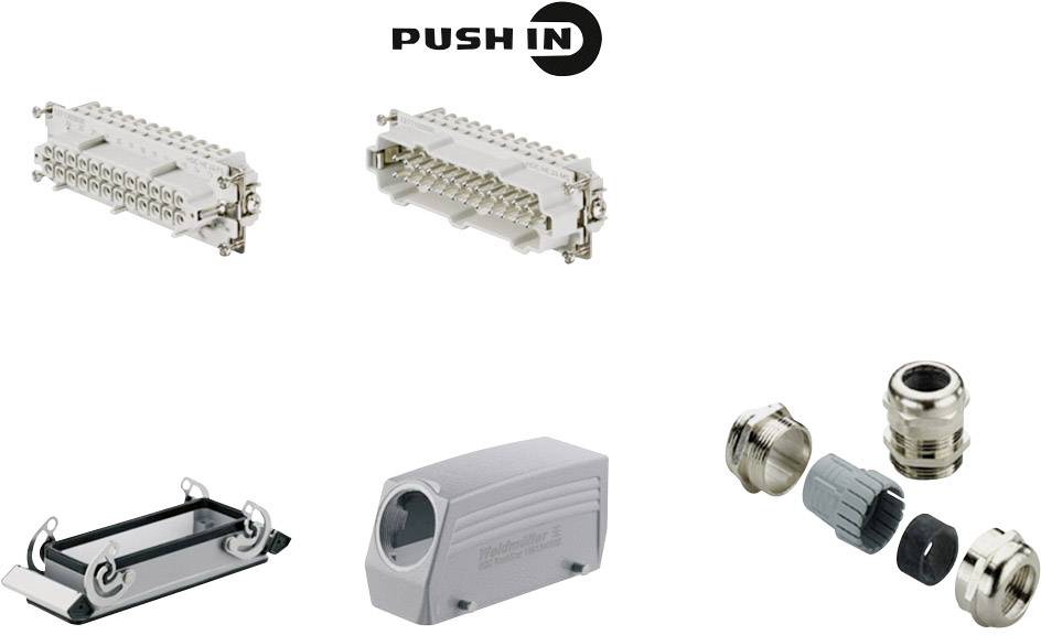 Plusieurs connecteurs, dont deux modules à 16 broches, deux vis métalliques et un boîtier en plastique. En haut est inscrit 'PUSH IN'.