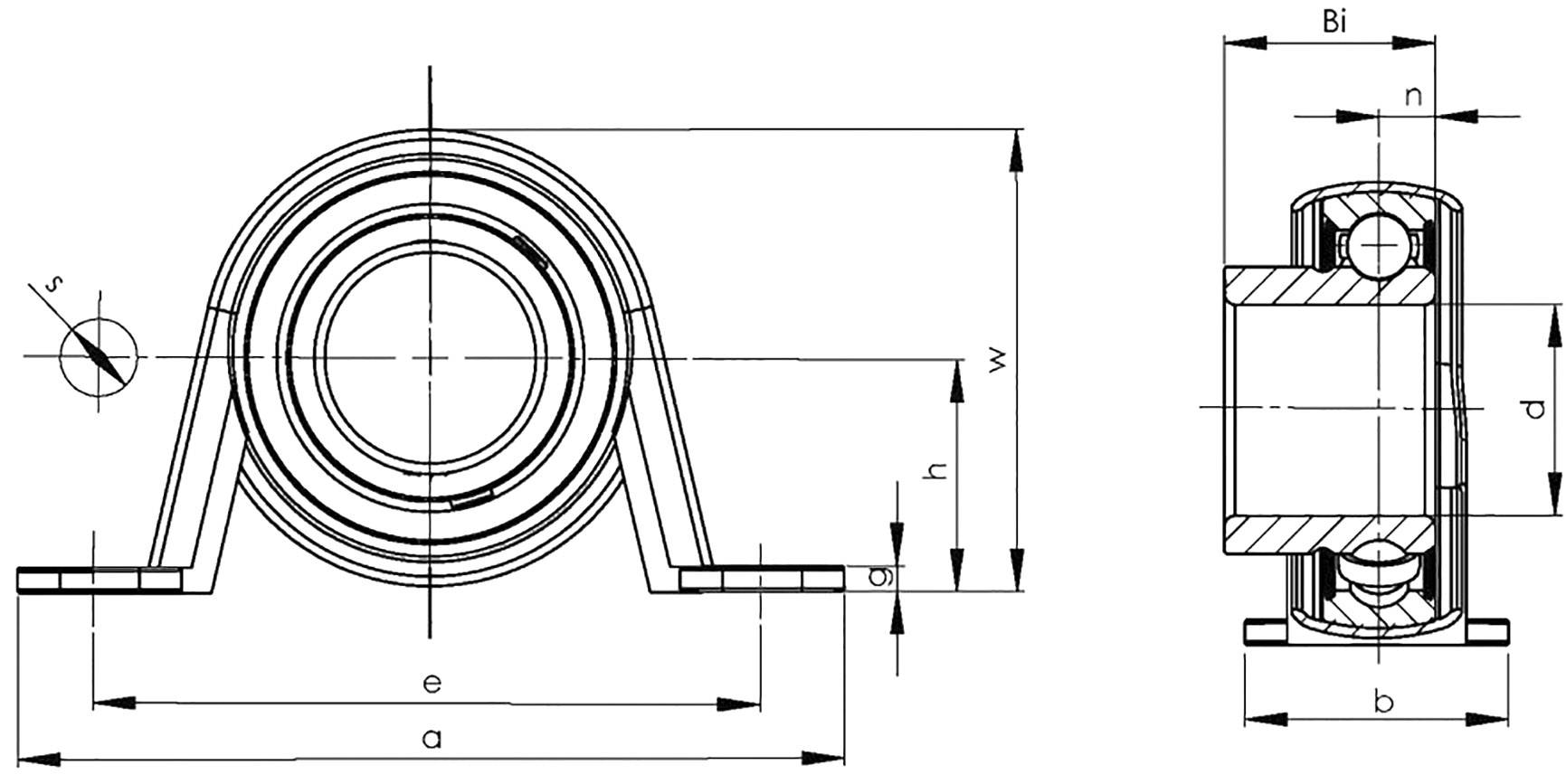 Dessin technique d'un bloc de palier avec dimensions : a, b, h, w, d. Vue de face et coupe transversale à droite. Composants principaux représentés en détail.