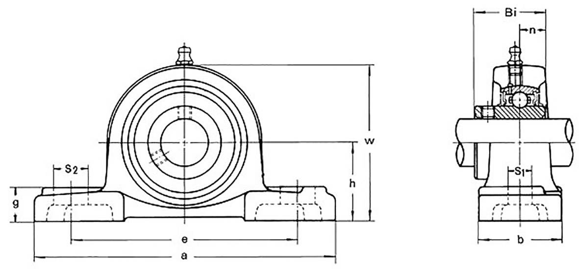 Dessin technique d'un palier avec deux vues : vue de face montrant les dimensions a, g, w ; vue de côté montrant les dimensions b, Bi, S1.