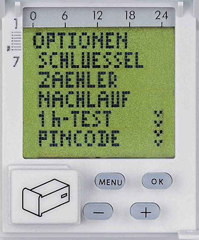 Un petit affichage numérique montre les éléments de menu suivants : 'Options, Clé, Compteur, Post-fonctionnement, Test 1 k, Code PIN' avec des symboles de flèches à droite.