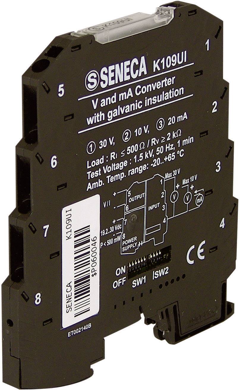 Appareil noir portant l'inscription 'SENECA K109UI', destiné à la conversion de tension et de courant avec isolation galvanique.