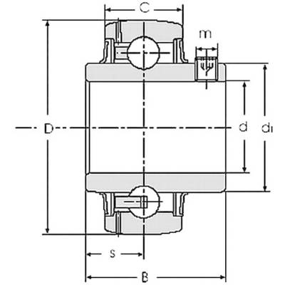 Dessin technique d'un roulement avec annotations : C, D, m, d, s, B. Représentation schématique des dimensions et des composants.