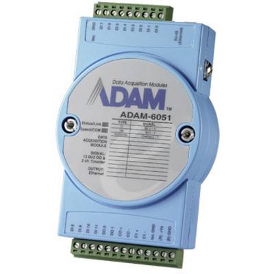 Un module d'acquisition de données bleu, modèle ADAM-6051, doté de plusieurs ports d'entrée et de sortie.