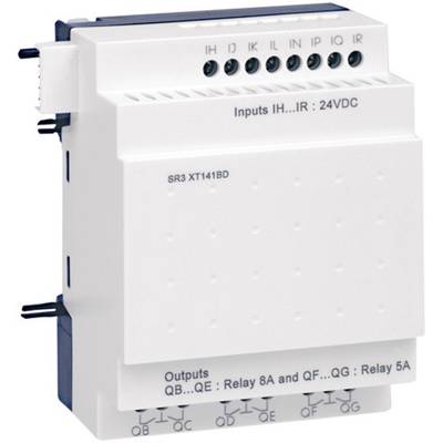 Un module électronique blanc portant l'inscription 'Entrées IH...IR : 24VDC' et 'Sorties QB...QE : Relais 8A et QF...QG : Relais 5A'.