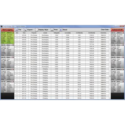 Tableau des informations d'état de charge pour différentes batteries. Les colonnes indiquent le programme, la tension, le courant, la capacité et l'état.