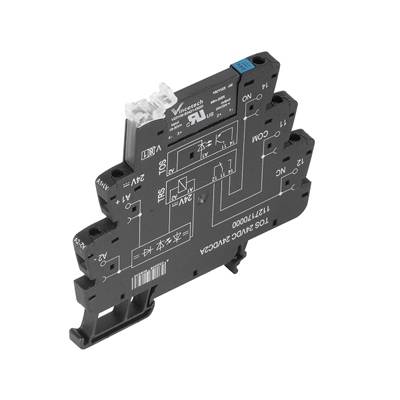 Un module de relais électronique noir avec des marquages et des diagrammes blancs, intégrable dans un système électrique.