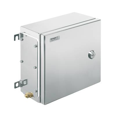 Boîtier en acier avec serrure métallique et un petit raccordement d'eau en bas à gauche, adapté pour une utilisation extérieure ou industrielle.