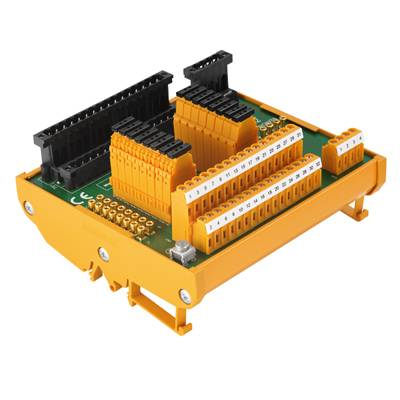 Un module électronique jaune avec plusieurs bornes de connexion noires et oranges sur un circuit imprimé.