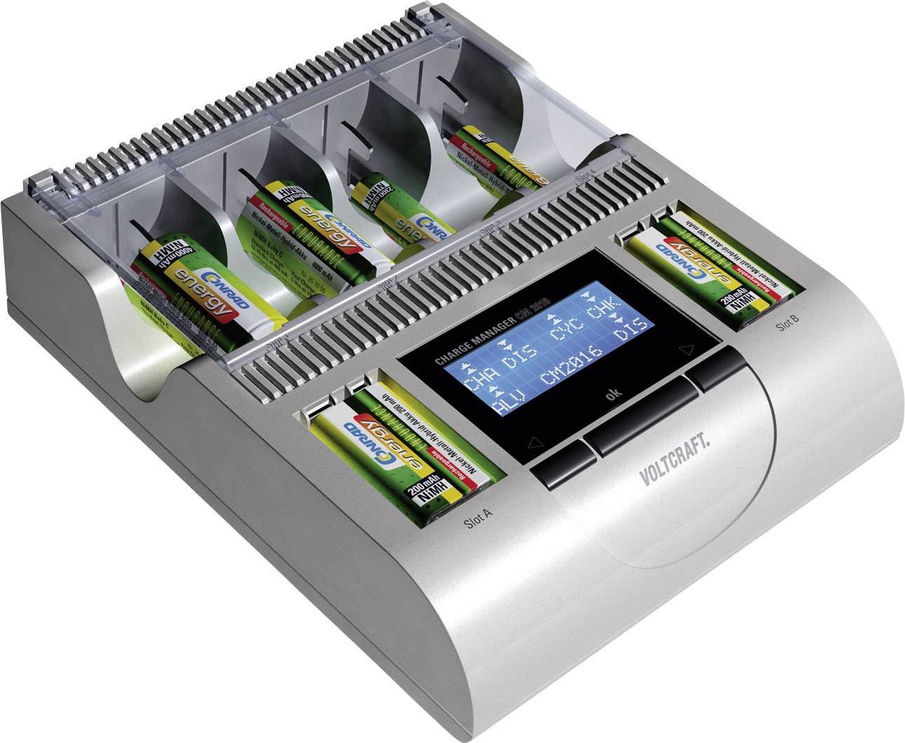 Chargeur avec des batteries de différentes tailles insérées, un écran LED affichant le processus de charge et les détails du statut. Le nom de la marque est visible.