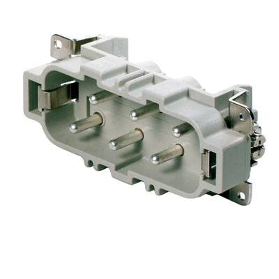 Une fiche industrielle rectangulaire à cinq pôles de couleur claire, probablement destinée aux connexions électriques ou de données pour des machines ou des installations industrielles.
