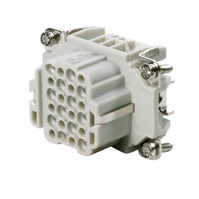 Connecteur industriel avec plusieurs emplacements ronds, symétriquement disposés, entouré d'un boîtier en plastique blanc et de vis métalliques.