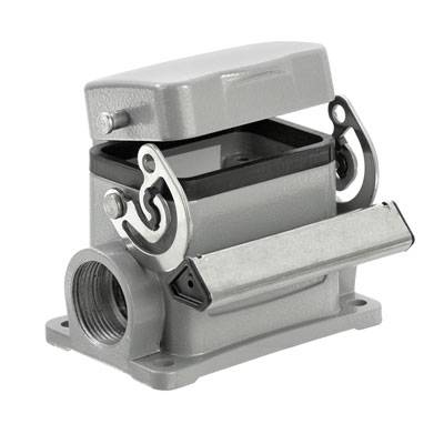Connecteur de boîtier électrique en métal avec couvercle amovible et fermetures à levier, adapté aux applications industrielles.