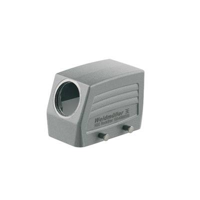 Boîtier de connecteur Weidmüller en métal gris, rectangulaire avec deux trous de fixation, adapté aux connexions industrielles.