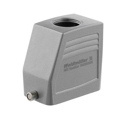Boîtier électrique gris de la marque 'Weidmüller', type 'HDC RockStar', avec ouverture de connexion ronde en haut et petit raccordement cylindrique sur le côté.