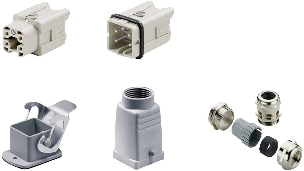 Différents connecteurs et accessoires, comprenant des fiches multibroches, un boîtier métallique avec couvercle, un boîtier en plastique et des presse-étoupes.